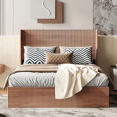 VMU Fluted Queen Size Bed Frame with Lift Up Storage, Mid Century Modern Wooden Platform Bed Frame with Headboard, Hydraulic Lift Storage, No Box Spring Needed, Noise-Free Slat Support, Walnut