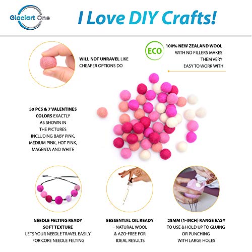 Image of Glaciart One Wool Felt Balls (50 Pieces) 2.5 Centimeters - 1 Inch, Handmade Felted 5 Valentines Colors (Baby Pink, Medium Pink, Magenta and More) - Bulk Small Puff for Felting and Garland