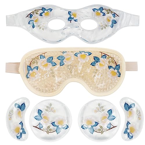 4 PCS Cooling Eye Mask Set - Ice Face Mask with Camellia Essential Oil, Cold Eye Compress and Reusable Gel Pads for Eyes Puffiness, Migraine Headache, Dark Circles, Dry Eyes