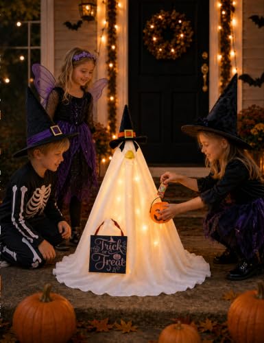 Lighted Ghost Porch Goose Halloween Outfit for 23’’ Goose, Halloween Decor | 7 Piece Halloween Porch Goose Outfit, String Lights, Bendable Inner outfit, Witch Hat, Pumpkin Bucket, Trick or Treat Sign - image 2