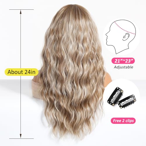OUFEI Blonde mixed Light Brown Long Wavy Wig for Women with Curtain Bangs Natural Curly Synthetic Hair Heat Resistant Wigs for Daily Party Cosplay Wear - Image 4