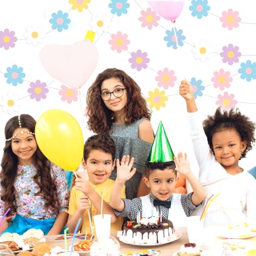 Image of Pasimy 8 Pcs Daisy Boho Party Decorations Groovy Daisy Paper Garlands White Flower Hanging Garland Banner Hippie Flower Cutouts for Birthday Shower Wedding Retro Party Favor(Fashion,Pastel)