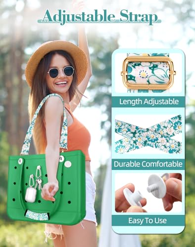Image of Bag Strap Crossbody Charms for Bogg Bag Accessories - Shoulder Strap Neoprene Luggage Handle Wrap for Suitcase & 2 Key Holders Green Daisy