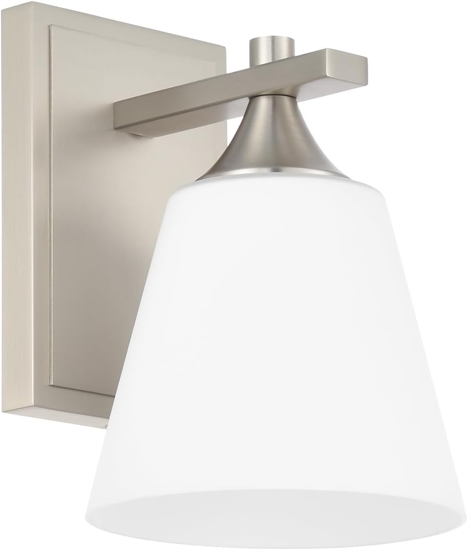Brushed Nickel Wall Sconce Light, American Sconces Wall Lighting, Traditional 1 Light Bathroom Vanity Lighting with Opal Glass Shade, Wall Light for Bedroom Bathroom Living Room Entryway Hallway