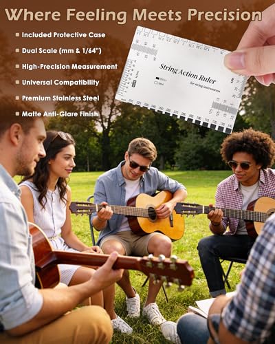 Image of String Action Gauge Ruler, Professional Guitar Setup Tool with Dual mm & 1 /64 inch Scales - for Electric, Acoustic, Bass Guitars - Includes Measurement Chart & Protective Sleeve - Print Silver Edition