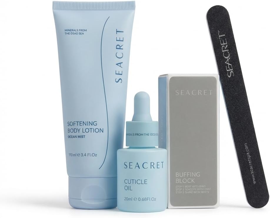 SEACRET Minerals Nail Care Collection, DIY Salon Manicure, Dead Sea Finger & Toenail Treatment Set with File, 3-Way Buffer Block, 1 Oz Cuticle Oil, & 6.8 Oz Body Lotion, All Skin Types, 4 Piece Kit