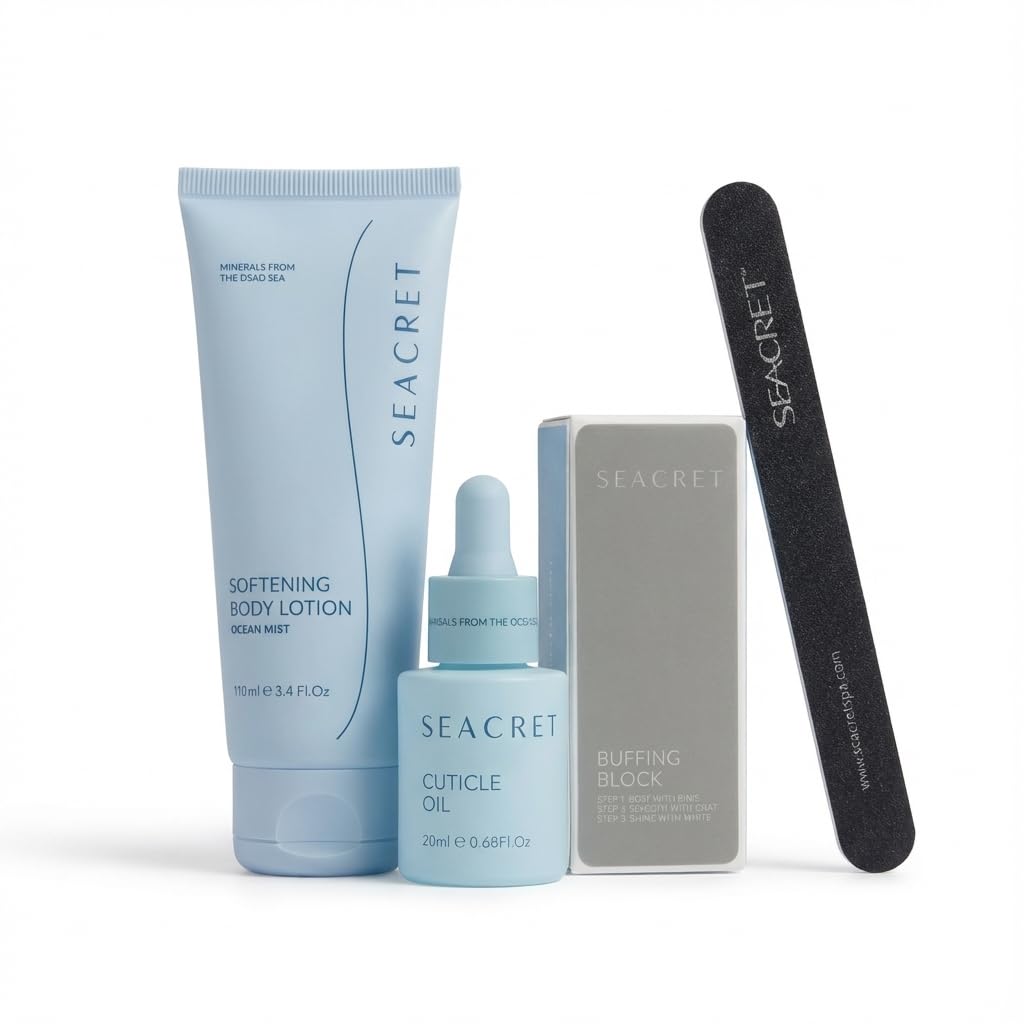 SEACRET Nail Care Kit - Luxury Dead Sea Spa Gift Set for Women, Complete Manicure System with Cuticle Oil, Buffer Block & Full-Size Body Lotion, Natural Nail Repair & Shine, Paraben-Free, 4-Piece Kit