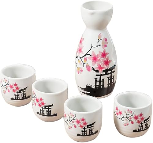 5PCS Hand Painted Japanese Sake Ceramic Set with White and Pink Flowers, Perfect