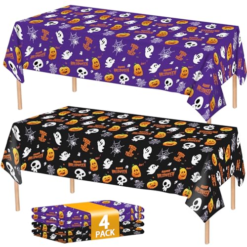 Image of ATFUNSHOP 4 Packs Halloween Tablecloth Disposable Table Cover 54X108 Halloween Decorations Kids Birthday Party Decor for Kids, Spooky Waterproof Spillproof Table Cloth - Perfect for Dinner