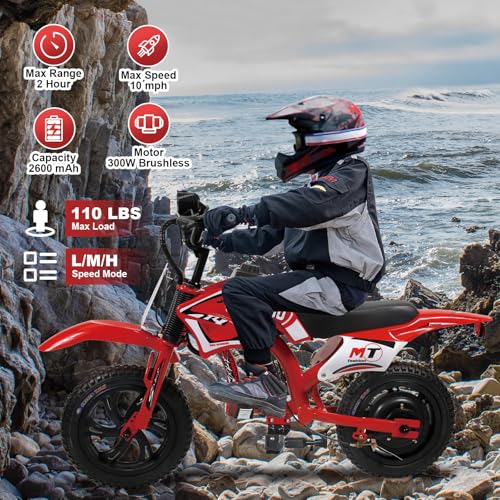 Image of Kids Electric Motorcycle, 25.2V 300W Brushless Motor & Controller, 3 Speeds (10MPH, 8 Miles), LCD, LED, Moto Sound, Twist Grip, Dual Suspension & Brakes, for 3-8 yrs, 110 LB (Red)