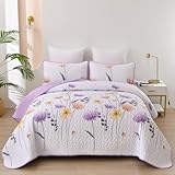 Dinjoy Bettwäsche-Set mit Blumenmuster, Doppelbettgröße, violett, 2-teilig, niedliches Bettwäsche-Set, leicht, Bauernhaus-Steppdecken, weiche Blume, weiße Decke, Bett-Sets für Sommerfrauen, 172,7 x