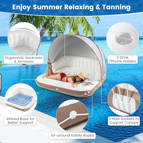 Image of S AFSTAR Pool Float with Canopy, Inflatable Floating Island 2 Person with UPF50+ Detachable Sunshade, 2 Cup Holders, Max Load 440 Lbs, 71 inch x 71 inch Heavy Duty Pool Lounger Floats Adult for Lake, Beach