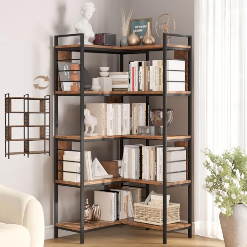 5 Tier Corner Bookshelf, Reversible Corner Shelf, Industrial Wooden Display