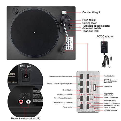 Vinyl Record Player, 3 Speed Turntable with Bluetooth Built-in Speakers Record Player Vinyl USB Direct MP3 Recording Phonograph Player, Adjustment Counterweight Pitch Control, Balck - Les Beatles, Paul McCartney, John Lennon, RIngo Starr, George Harrison Vinyl Record Player, 3 Speed Turntable with Bluetooth Built-in Speakers Record Player Vinyl USB Direct MP3 Recording Phonograph Player, Adjustment Counterweight Pitch Control, Balck – Image 7