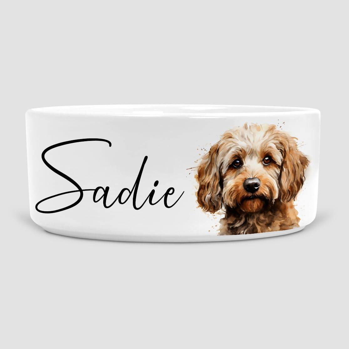 Personalised tan cockapoo dog bowl, ceramic available in 2 sizes (Medium)