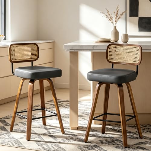 Bekrvio Lot de 2 tabourets de bar pivotants à 360° - Hauteur d'assise : 65 cm - Avec dossier en rotin - Rembourrage extra épais (7 cm) - Pieds en bois...