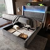 Switdo Hydraulisches Bett 90x200cm mit LED-Beleuchtung 60.000 Farben USB-Type-C Stauraum Leinen Optik Grau Ohne Matratze