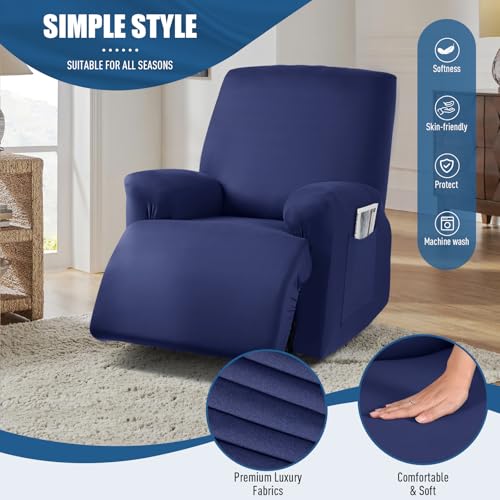 Image of TAOCOCO Stretch Recliner Chair Covers 3-Pieces Solid Furniture Covers Recliner Cover for Reclining Chair Slipcovers Feature Fitted Soft Washable Recliner Sofa Covers (1 Seat, Dark Blue)