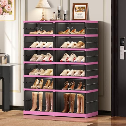 Image of CIMLORD 6-Tier Foldable Shoe Rack Organizer with Door, 24 Pairs, Black-Pink | Collapsible Large Shoe Rack for 24 Pairs, Fits Boots, Wide Stackable, Clear Door, Lidded Boxes, Easy Assembly, for Closet