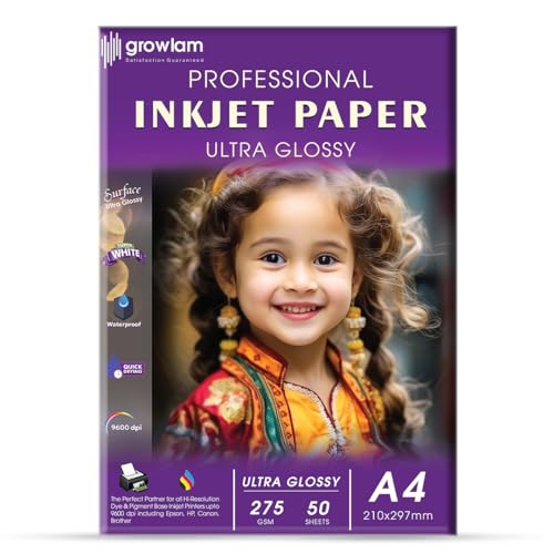Image of Growlam Ultra Glossy Photo Paper 275 GSM A4 Size Photo Paper- Water Proof, Instant Drying, 50 Sheets, Resin Coated, Compatible with Inkjet Printer (Pack of 1)