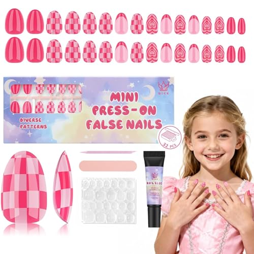 Qiek 16 Sizes Press on Nails Kit for Kids - 32 Pieces French Almond Fake Nail Tips for Girls 8-12 Years Old with Jelly Nail Adhesives & No-Lamp Nail Glue, Birthday Easter Gifts (Rose Pink Grid)