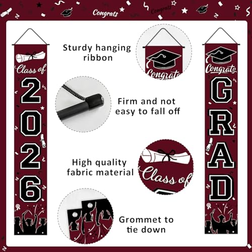 Image of Graduation Decorations 2026 Porch Banner, Graduation Banner Class of 2026, Maroon Congrats Grad Decorations for Door and Porch Party Supplies