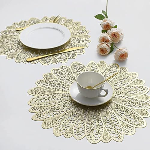 Image of Dakshya Industries Set of 2 Round PVC Table Placemats 38x38 cm - Waterproof, Heat Resistant Dining Mats (Gold)