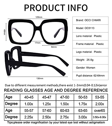 Occi Chiari Reading Glasses Women 1.0 Square Reader(1.0 1.25 1.50 1.75 2.0 2.25 2.5 2.75 3.0 3.5 4.0) #TOP4