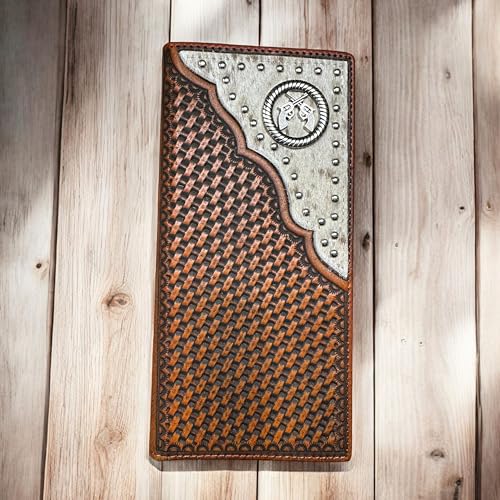 Men’s Long Leather Wallet – Basketweave Tooled with Cowhide Inlay and Six Shooter Pistol Concho – Western Cowboy Checkbook Bifold Wallet for Ranchers & Outlaws2