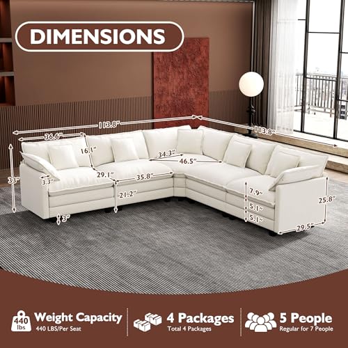 Image of Ihanherry 114 inch V-Shaped Modern Sofa Modular Sectional Cloud Couch with Corner Section, 5-Seat Chenille Deep Seat Sofa with 5 Pillows for Living Room, Bedroom and Apartment, Beige