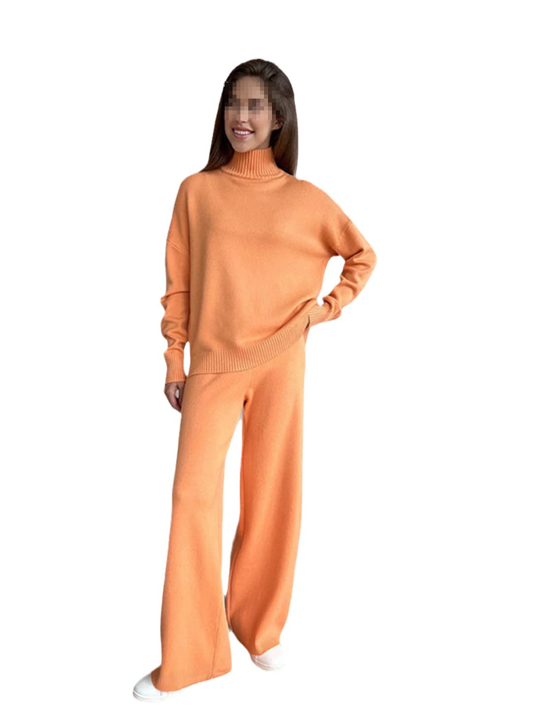 Conjunto de suéter de punto de cuello alto para mujer, casual, liso, cintura alta, pantalones de pierna ancha, traje de punto para mujer