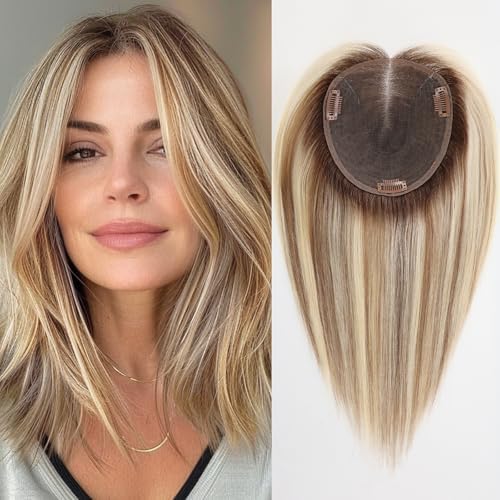 starluck Lage Swiss Base SilkHug 14 Inch Real Human Hair Toppers,60 Gram,100% Real Human Hair Toppers for Women with thinning (Blonde Mixed Brown with Dark Brown Roots,no Bangs)