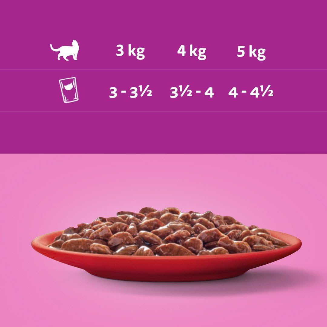 WHISKAS Posiłki dla kotów - 48 saszetek świeżości (zestaw 2 opakowań 24 x 85 g), klasyczne posiłki (4 odmiany), pasta dla dorosłych kotów w sosie. Pełna, mokra karma odpowiednia również dla kotów