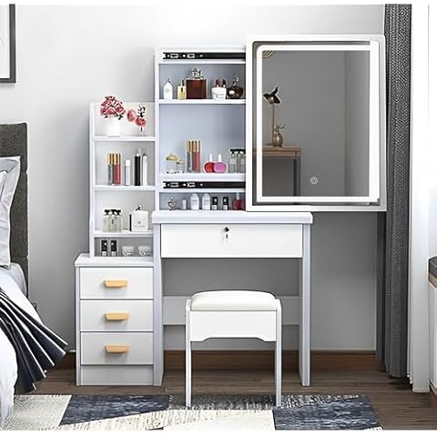 Leavader Vanity Set with Lighted Mirror - White Vanity Desk with 4 Drawers and Shelves, Hidden Storage Space Design Makeup Vanity Table, Dressing Desk and Cushioned Stool Set for Bedroom Cover