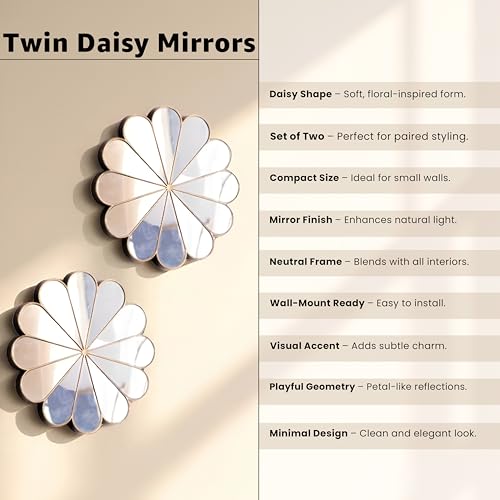 Image of Art Street Bronze Decorative Wall Mirrors 2 Piece Daisy Mirror Set, Floral Petal Design, Compact Size, Wall-Mount Ready, Accent Mirrors for Living Room, Bedroom, or Entryway 24x24 cm