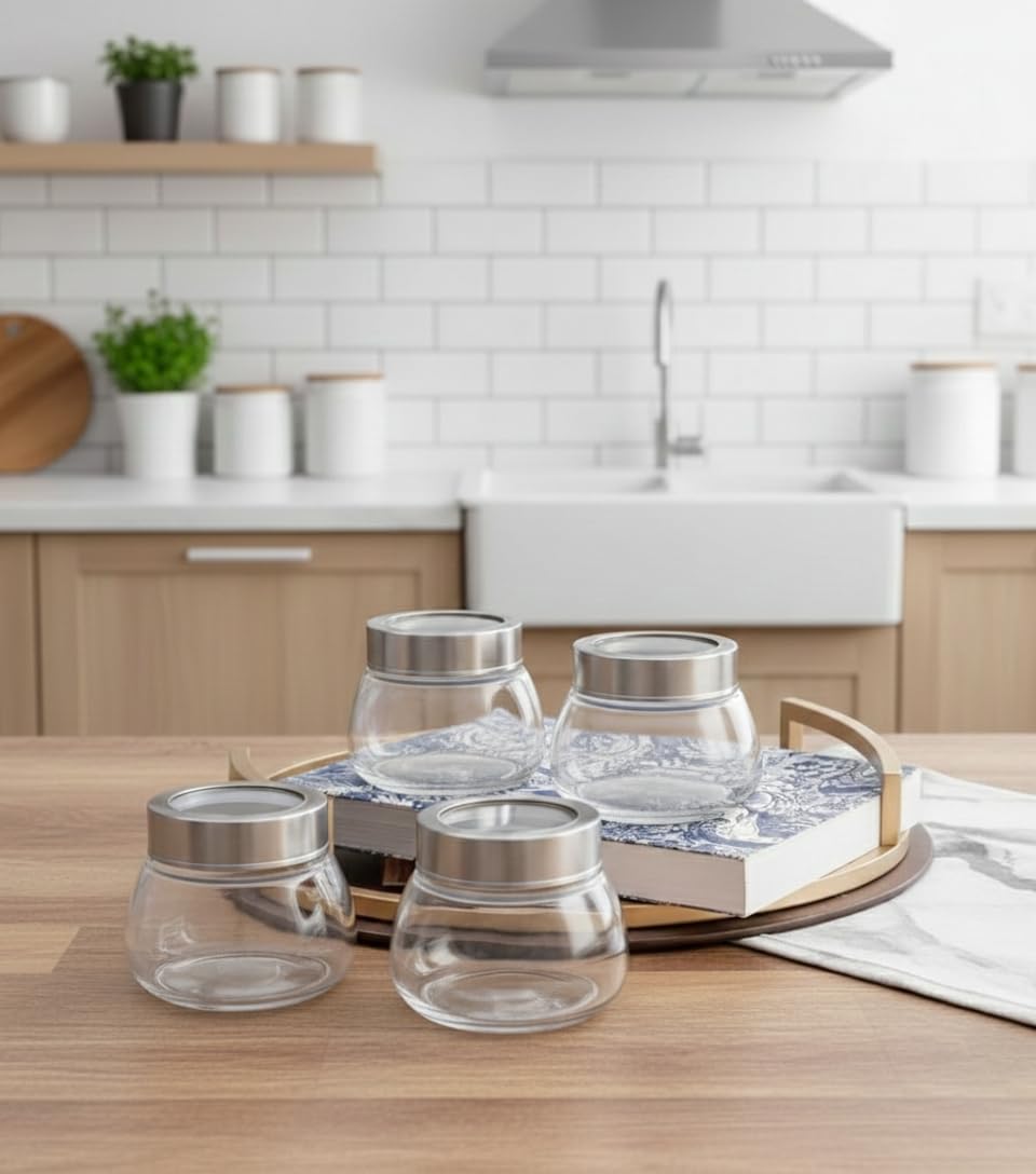 Brezzycloud Tarros de cristal ovalados de 300 ml con tapa hermética de acero inoxidable, adecuados para usar en tu oficina en casa, almacenamiento de cocina/tarros de vidrio para cocina, tarro de