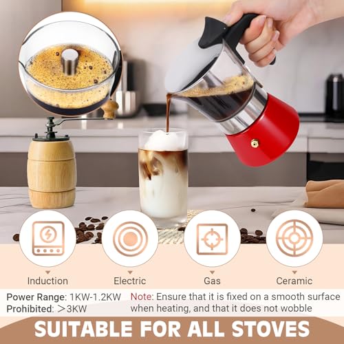 Image of 4 Cup 200ml Glass Moka Pot, Stovetop Espresso Maker, Red | Crystal Glass-top & Stainless Steel Coffee Maker, Induction Compatible, for Greca de Cafe, Cuban and Italian Coffee Brewing