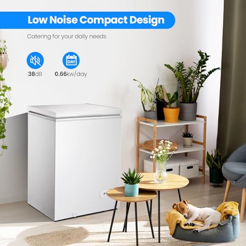Kismile 3.5 Cubic Feet Chest Freezer with 2 Removable Baskets Free Standing Top Open Door Small Deep Freezer with Adjustable Temperature for Home/Kitchen/Office/Bar (3.5 Cubic Feet, White)