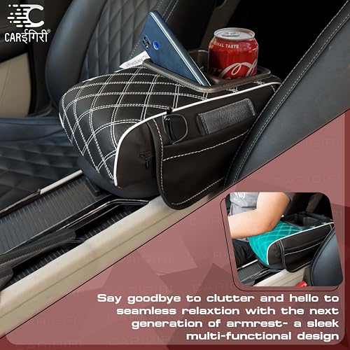 Image of Carigiri Nappa Leatherette,Foam ComfiRest Pro Car Armrest Cushion with Cup Holder| Arm Cushion| Universal for All Cars| Armrest with Mobile Holder (White,Utility Pockets,Dual Cup Holder,Mobile Holder)