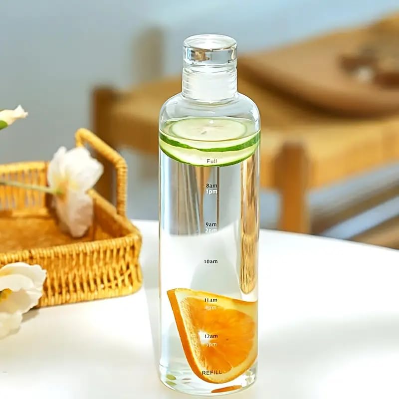 Image of Glass Water Bottle with Time Marker - 500ml Leakproof Reusable Bottle - BPA-Free Transparent Bottle with Colored Lids - Drinking Fridge Bottles Water, Milk, Lassi, Juices, Beverages (orange)