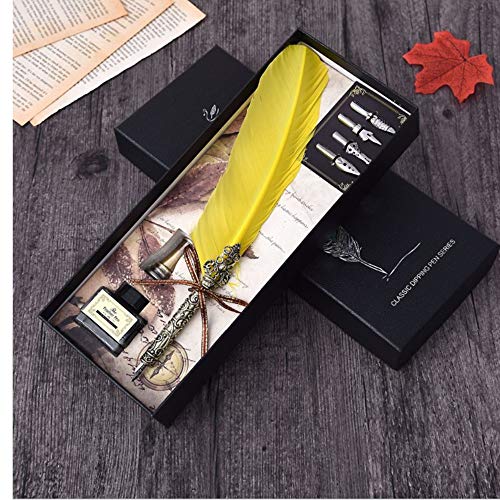 Antique Feather Dip Pen Set | Retro Feather Pen Calligraphy Pen Set Feather Writing Quill Ink Dip Pen Best Holiday Gift (Yellow)