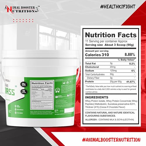 Image of Animal Booster Nutrition Maha Mass Gainer, 25gm of Protein in 90gm of Serving Helps in Gain Weight, Build Muscle & Fuel Energy (5Kg, Mango Flavor)