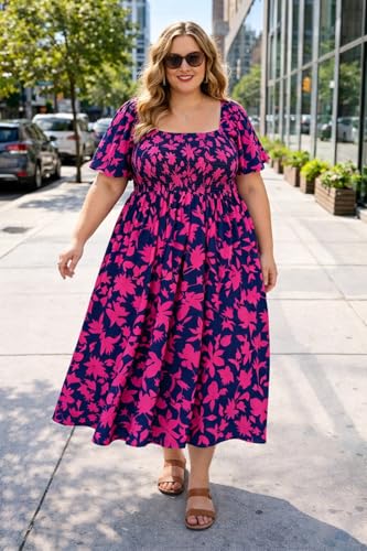 Image of RITERA Plus Size Dresses for Curvy Women Square Neck Short Sleeve Summer Floral Smocked Maxi Dress with Pocket XL-5XL