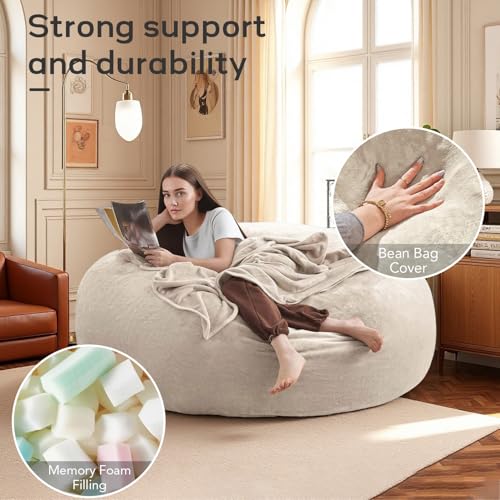 Image of 6FT,jumbo bean bag chair for adults，bean bag with filler included，Comfortable and soft flannel cover, removable and washable, oversized bean bag, suitable for living room and bedroom.(Apricot, 6 Foot)