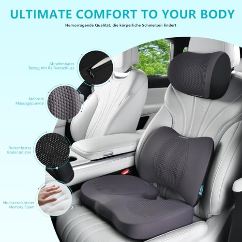 Image of FLORICH 3 PCS Seat Cushion for Carseat Lumbar Support Pillow Car Neck Headrest Pillows Memory Foam Gel Memory Foam Massage Point Seat Pads Pressure Relief Back Cushion for Office Chair(Light Grey)