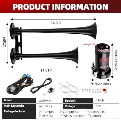 12V Dual 2-Trumpet Metal Air Horn for Truck with 2 Compressors
