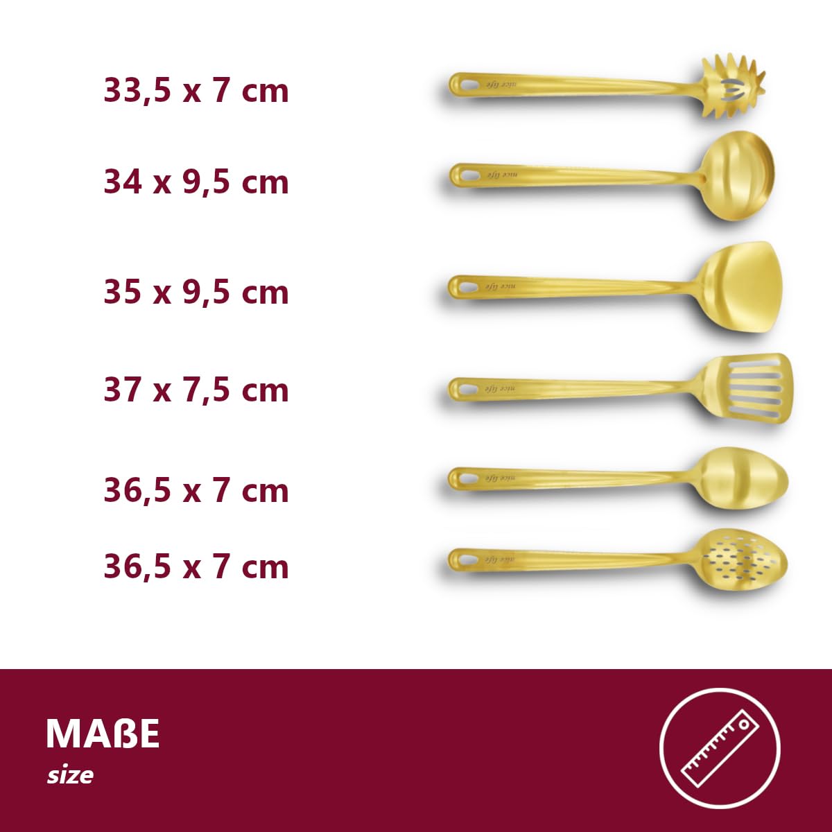 Lot de 6 ustensiles de cuisine en acier inoxydable - Comprend 1 louche à soupe, 2 spatules, 1 écumoire, 1 cuillère à spaghetti, 1 cuillère de service (doré)
