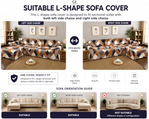 Image of Gifts Island Premium 160GSM Super Soft Orange Prism Stretchable Sofa Cover L Shape 5 Seater Fully Covered | Suitable for Both Left and Right Side Chaise Sofa (Orange Prism, 3+2 Seater)