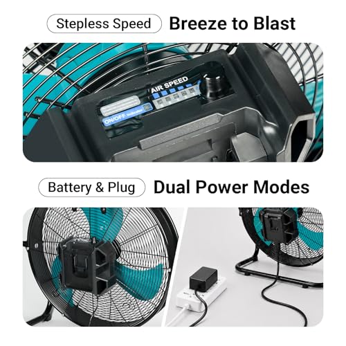 Image of 18 inch Brushless Cordless Floor Fan Compitable with Makita 18V Battery(Tool Only), 2500 CFM Quiet Industrial Fan with AC Adapter, 5 Speeds 360Tilt Portable Metal Shop Fan for Garage Jobsite Camping