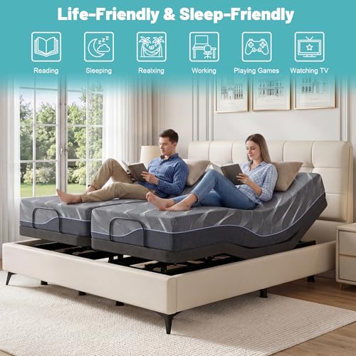Image of Vipbear Premium Split King Adjustable Bed Frame with 12 inch Mattress, Zero Gravity, Wireless Remote & & Head-Foot Incline & Built-in USB Ports, Black